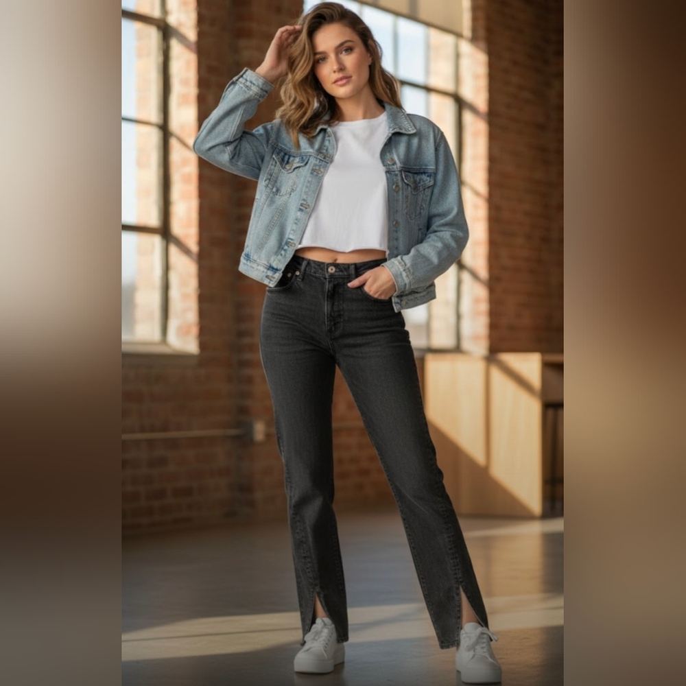 💚Abercrombie & Fitch Charcoal "90s Relaxed Jean High Rise" With Bottom Slits